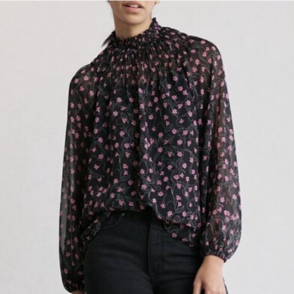 Elizabeth And James EUC Long Sleeve Black Pink Floral Sheer Smocked Neck Top Med - Picture 2 of 16